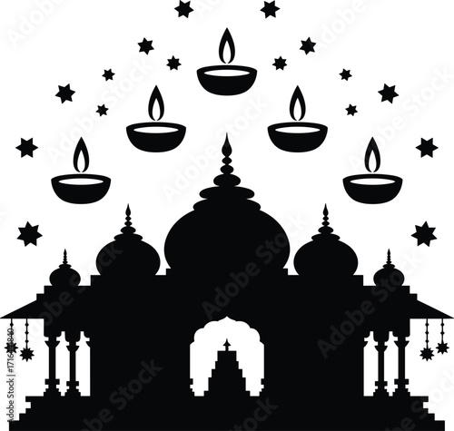Silhouette of a grand temple adorned with diyas and stars