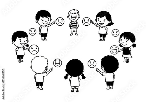 Children expressing emotions through smiley faces in a playful circle  