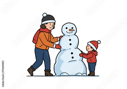 Woman and child building a snowman in winter season outdoors  