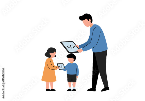 Father teaching children to code using tablet in educational setting  