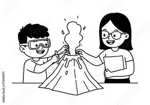 Two children conducting a science experiment with a volcano model  