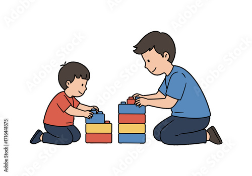 Father and son playing with building blocks on white background  