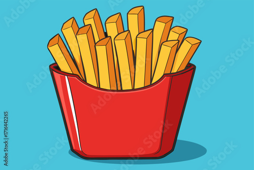 Vector illustration of crispy golden french fries in a red paper box container. Classic American fast food snack, fried potato sticks isolated on a blue background. Cartoon pop art style drawing