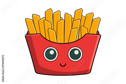 Cheerful Cartoon Illustration of French Fries in a Red Carton, A Fun and Appetizing Depiction for Food Lovers, Perfect for Digital Design and Culinary Content, Vector Graphics