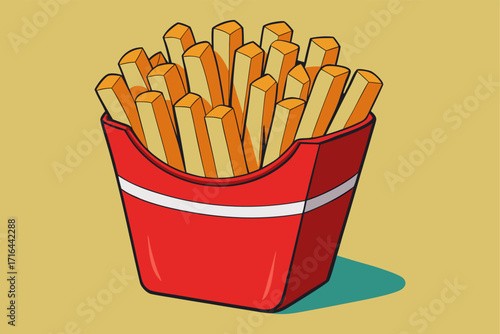 A colorful and appealing graphic representation of freshly prepared, golden french fries, presented in an iconic red paper box, symbolizing a quick and tasty indulgence