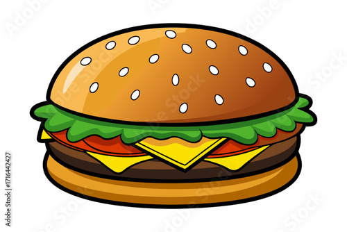 A delicious, juicy, classic hamburger with a sesame seed bun, lettuce, tomato, and melted cheese, perfect for a quick and satisfying meal, ideal for fast-food advertising and menu designs