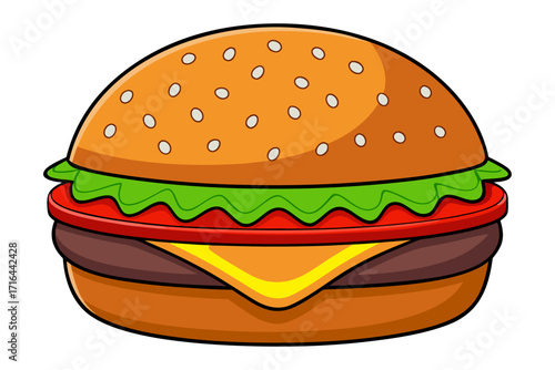 Delicious and Appetizing Cartoon Hamburger Illustration A Close-Up of a Classic Fast-Food Burger with Sesame Seeds on a White Background, Perfect for Culinary Projects