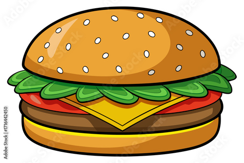 A Delicious Cartoon Hamburger Illustration with a Sesame Seed Bun, Lettuce, Tomato, and Cheese, Perfect for Food Advertisements and Graphics