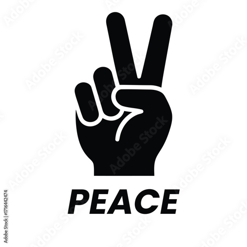 A black silhouette of a hand making a peace sign with the word peace written below the hand sign