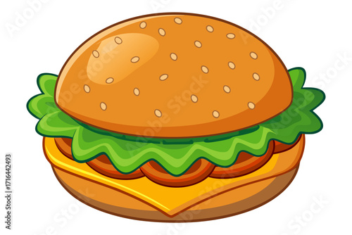Vibrant cartoon hamburger illustration featuring a sesame seed bun, fresh lettuce, tomato, beef patty, and cheese. Classic American fast food icon, vector graphic design isolated on a white background