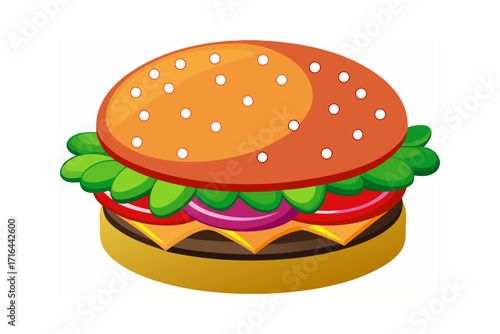 Delicious and appealing cartoon illustration of a burger, showcasing fresh ingredients like lettuce, tomato, onion, and cheese between two buns, perfect for a quick meal or fast food restaurant