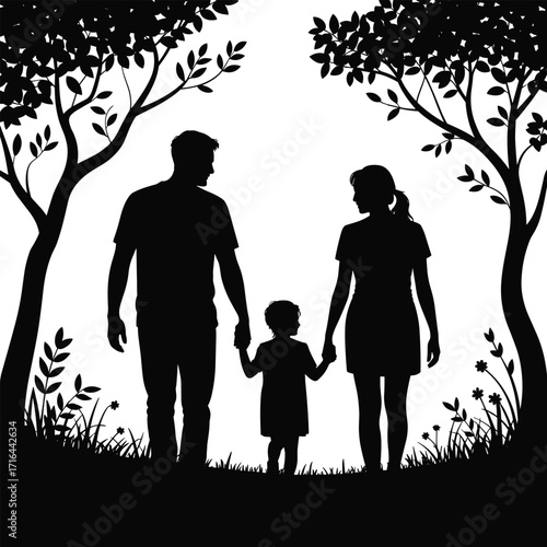 Silhouetted family walking together under trees
