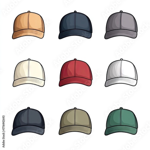 Nine baseball caps in various colors
