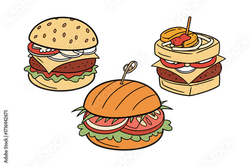 Delicious and Diverse Burger Trio A Colorful Illustration of Classic Fast Food, Featuring Buns, Patties, Tomatoes, and Onions, Perfect for Menu Designs or Food-Related Projects
