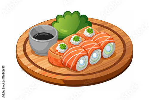 Sushi Rolls with Salmon Topping on a Wooden Plate with Soy Sauce, Garnished with Greenery, Fresh and Delicious Asian Cuisine