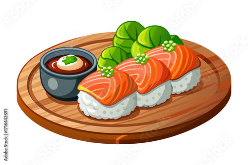 An appetizing illustration of traditional Japanese salmon nigiri sushi with roe, elegantly served on a round wooden platter with dipping sauce and garnish, vector food icon