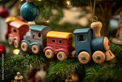 A wooden toy train hangs as an ornament on a fir tree.