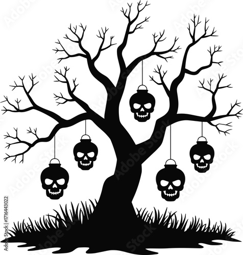 Spooky silhouette of a bare tree adorned with hanging skulls