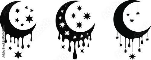 Three dripping crescent moons with stars in a row