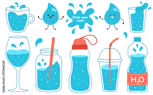 Drink more water set. Different glasses and bottles with water.