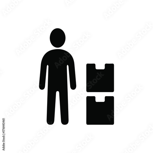 A simple silhouette of a person standing next to two stacked boxes, symbolizing logistics, delivery, and shipping services in a minimalist design