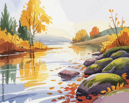 Autumnal River Scene A Vibrant Landscape of Golden Trees and Still Waters