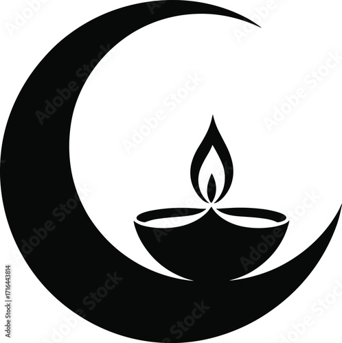 Crescent moon embraces a lit diya lamp