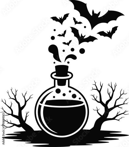Halloween potion bottle with bats and spooky trees