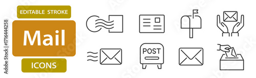 Mail line icons. Editable stroke vector set for delivery, post and communication
