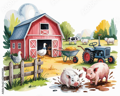 Whimsical farmyard scene with joyful pigs splashing in mud next to a classic red barn and tractor
