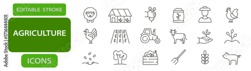 Agriculture line icons. Editable stroke vector set for farming and organic production