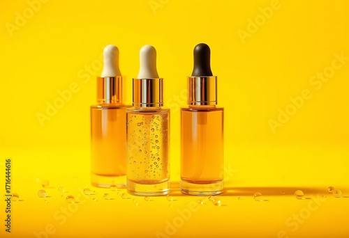 Luxurious golden serum bottles with glistening droplets on vibrant yellow background,  cosmetic product,  cosmetic