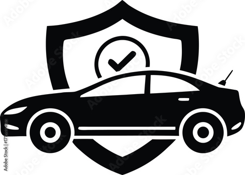 Car with shield and checkmark symbol for insurance and protection