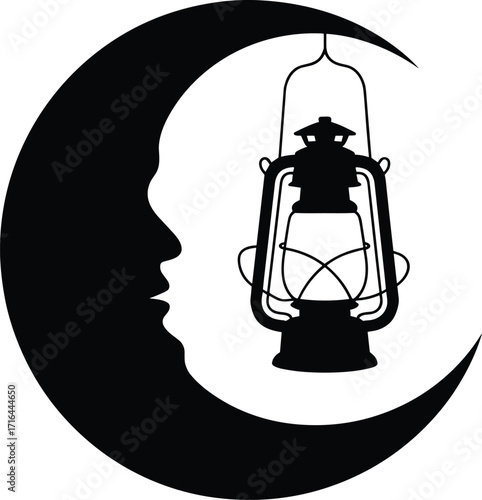 Crescent moon silhouette with hanging lantern and profile
