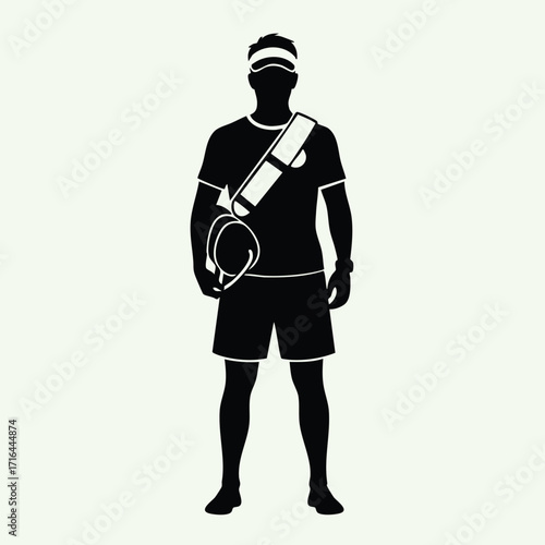 Silhouette of a male tennis player standing with racket bag and visor ready for a match or practice session outdoors