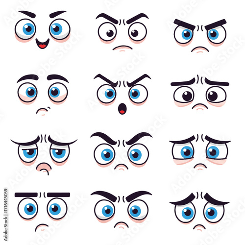 Funny cartoon eyes with various comic expressions are humorously depicted in a flat 2D vector illustration on a clean white background, conveying a playful and whimsical mood.