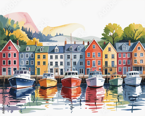 Picturesque coastal town harbor with colorful houses and boats reflected in serene water