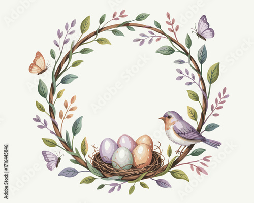 Serene springtime watercolor wreath with a bird's nest, eggs, and butterflies
