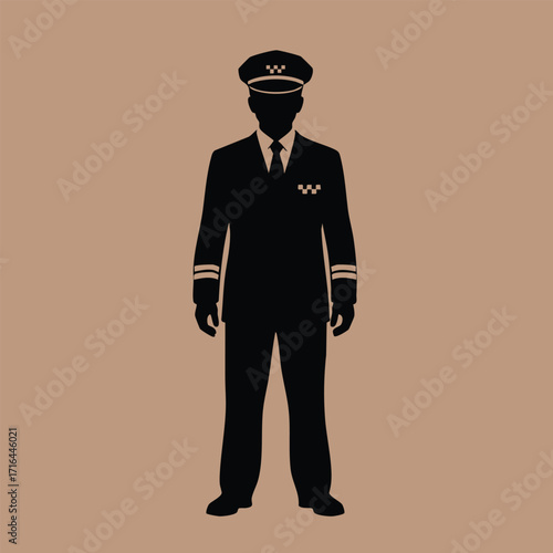 Silhouette of a professional pilot wearing uniform and cap standing against a plain brown background
