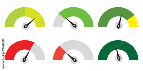 Dashboard colorful speedometer icons set. Tachometer icon isolated. Performance indicator sign. Car speed. Fast internet speed sign. Speedometer icon. 3D meter with green, yellow, red indicators.