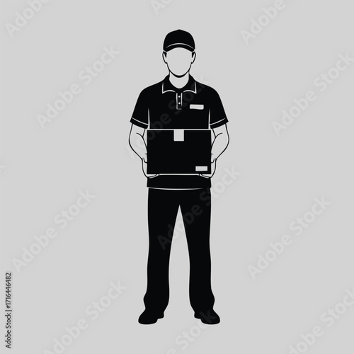 Silhouette of a delivery person holding a package in uniform with cap standing against a plain background
