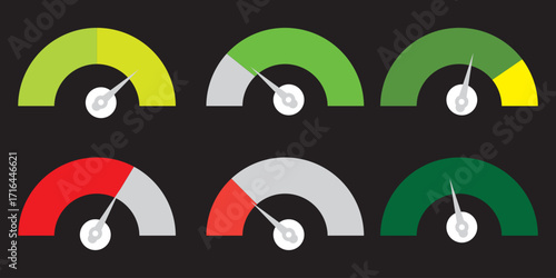 Dashboard colorful speedometer icons set. Tachometer icon isolated. Performance indicator sign. Car speed. Fast internet speed sign. Speedometer icon. 3D meter with green, yellow, red indicators.