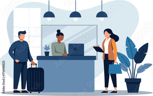 People checking in at a hotel reception desk with luggage