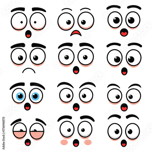 A vibrant collection of funny cartoon eyes, featuring various surprised expressions, are playfully arranged in a flat 2D vector illustration on a clean, plain white background.