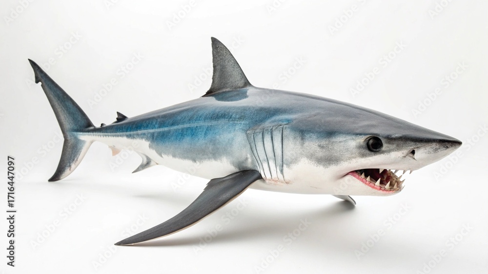 Fototapeta premium Longfin Mako Shark with sleek body and long fins displayed on a clean white studio background, sharp focus, and professional studio lighting