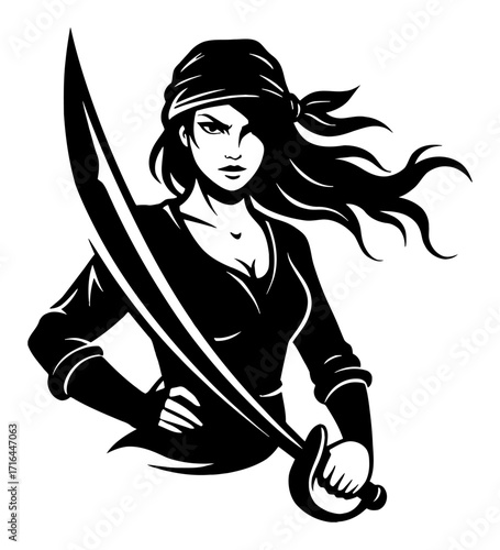 Powerful Woman Pirate Holding a Large Sword with Flowing Hair Black and White Outline Line Art Drawing Logo