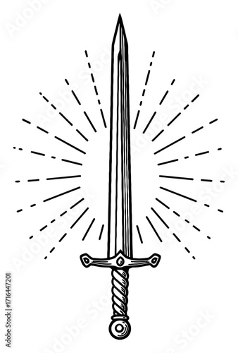 Detailed Long Excalibur Sword with Sun Ray Shining Effect Vintage Black and White Outline Line Art Drawing