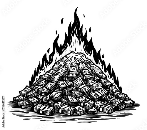 Large Mountain Pile of Money Bundles Burning with Flames in Black and White Outline Line Art Drawing