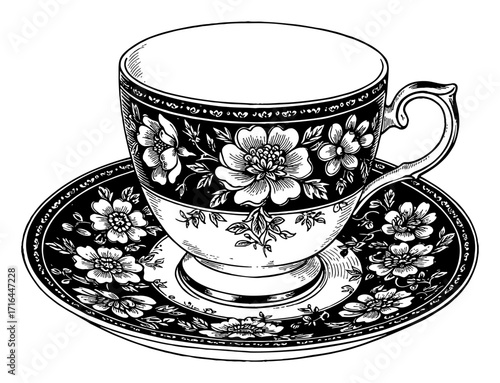 Antique Porcelain Tea Cup and Saucer with Floral Motives Black and White Outline Line Art Drawing