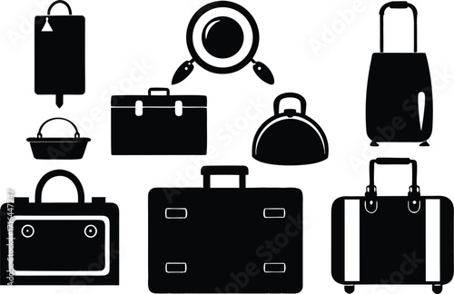 Collection of black silhouette luggage and bags for travel and transport